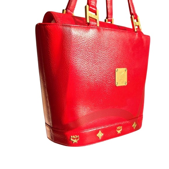 MCM‎ Vtg Red Leather Tote Bag Gold MCM Logo Studs Top Handles Small Statement - Picture 4 of 10
